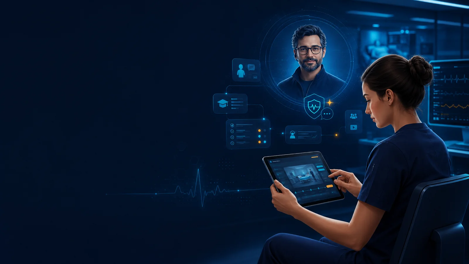 Illustration eines NotSan-Lernenden mit Tablet in einer ruhigen Simulationsumgebung